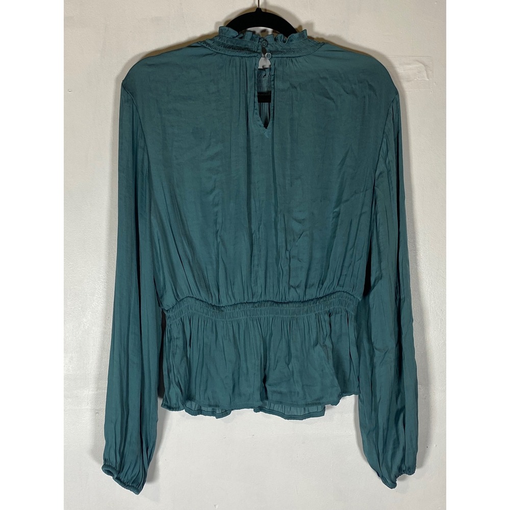 Nine West Teal Smocked Peplum Blouse L Balloon Sleeve Cottagecore Modest - Picture 6 of 7